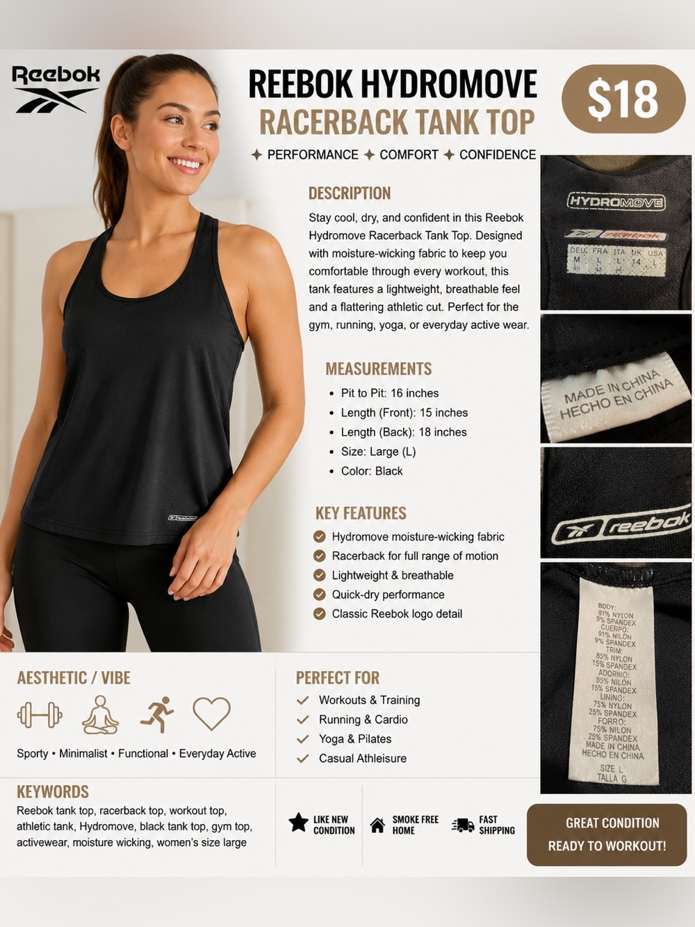 Reebok Black HydroMove Performance Tank - Picture 1 of 10